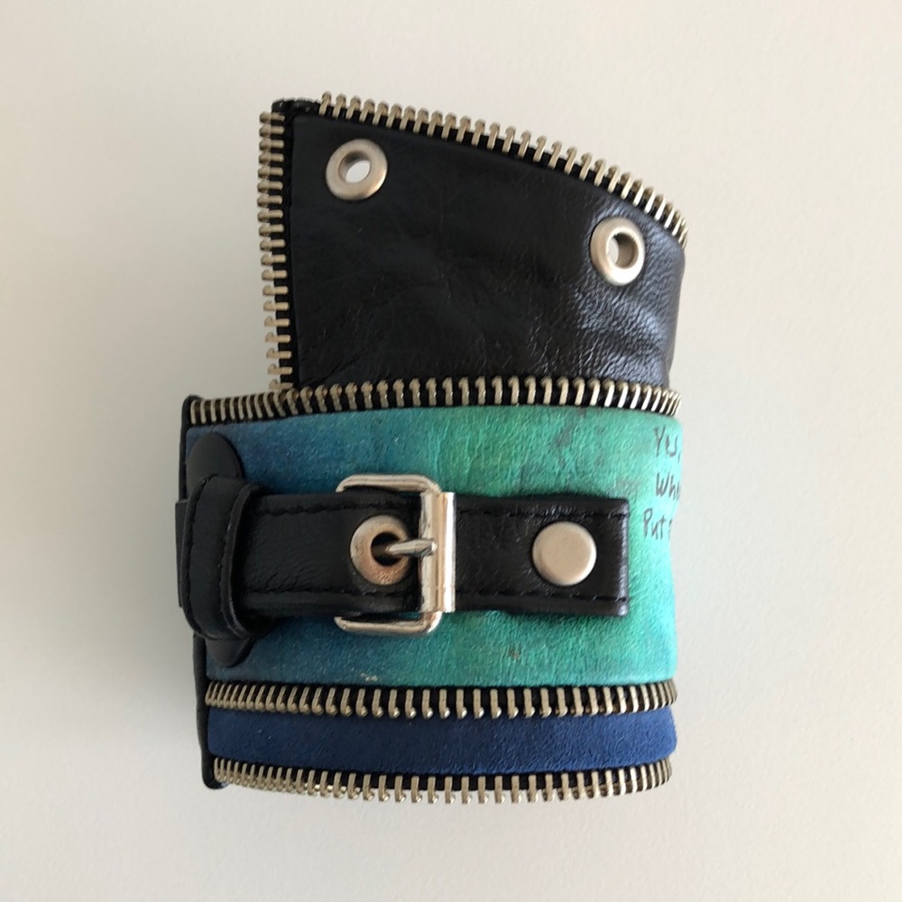 Blue Leather Cuff Bracelet w/ Zipper Accent